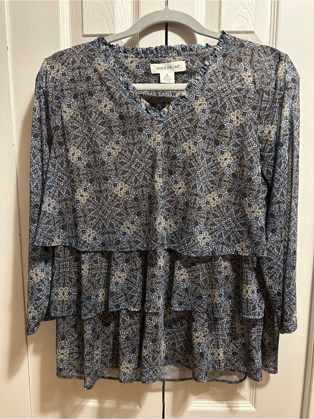 Skye's the Limit Navy and White Floral Tiered Long-Sleeve Blouse